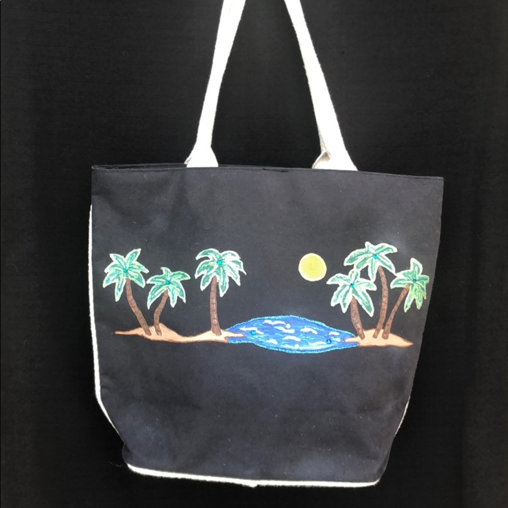 Handpainted Black Canvas Beach Bag